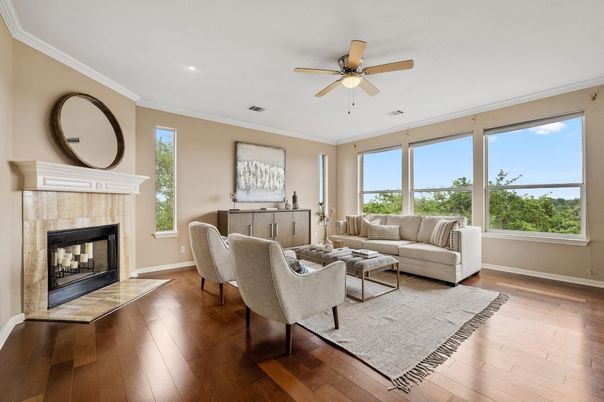 Fireplace, Interior, Living room, Recessed Lighting, Wood Texture Flooring