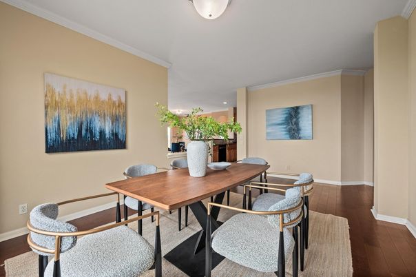 Dining room, Interior, Recessed Lighting, Wood Texture Flooring