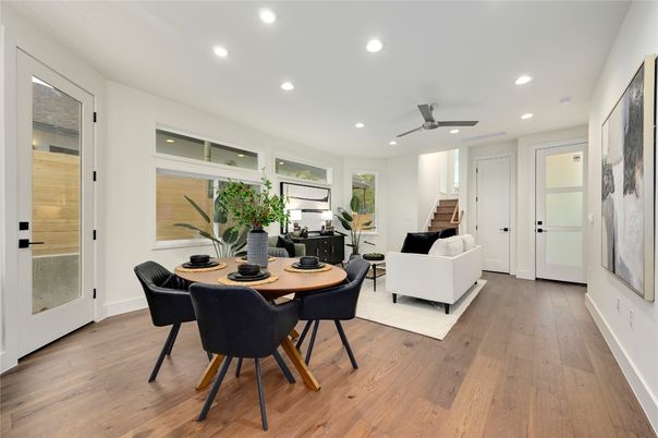 Dining room, Interior, Living room, Recessed Lighting, Wood Texture Flooring