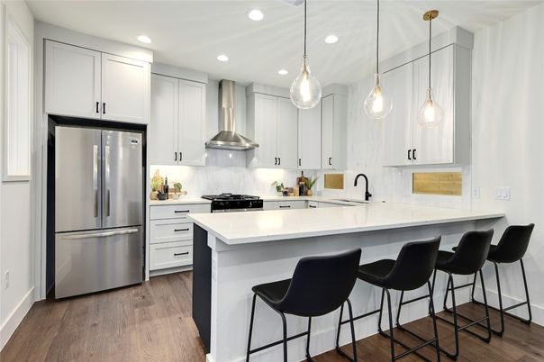 Interior, Kitchen, Pendant Lights, Recessed Lighting, Stainless Steel Appliances, Wood Texture Flooring