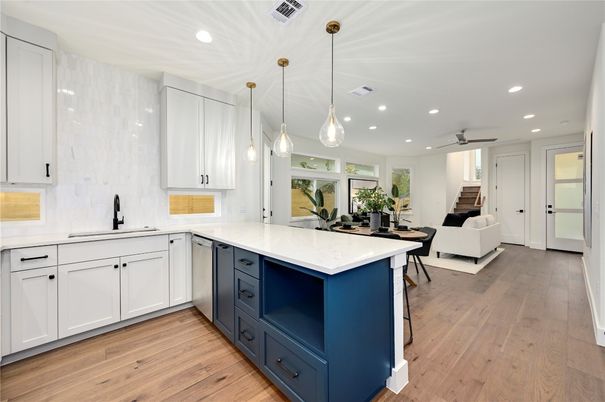 Interior, Kitchen, Pendant Lights, Recessed Lighting, Wood Texture Flooring