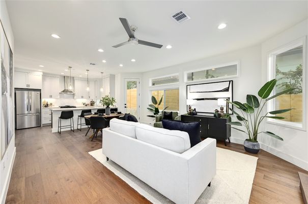 Dining room, Interior, Kitchen, Living room, Pendant Lights, Recessed Lighting, Stainless Steel Appliances, Wood Texture Flooring