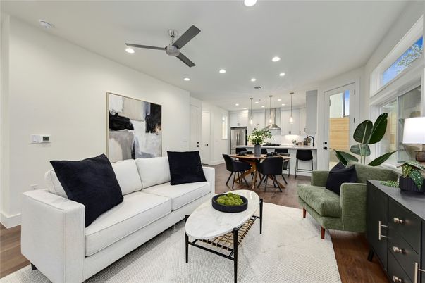 Dining room, Interior, Kitchen, Living room, Pendant Lights, Recessed Lighting, Stainless Steel Appliances, Wood Texture Flooring
