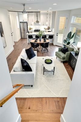 Dining room, Interior, Kitchen, Living room, Pendant Lights, Recessed Lighting, Stainless Steel Appliances, Wood Texture Flooring