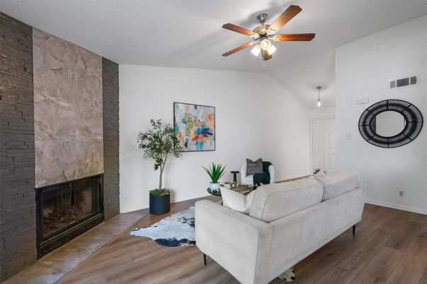 Fireplace, Interior, Living room, Pendant Lights, Stone Walls, Wood Texture Flooring