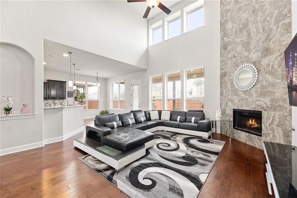Fireplace, Interior, Kitchen, Living room, Pendant Lights, Stone Walls, Wood Texture Flooring