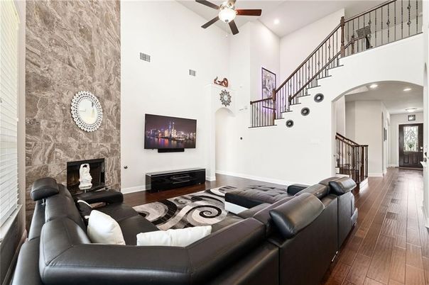 Fireplace, Interior, Living room, Recessed Lighting, Wood Texture Flooring