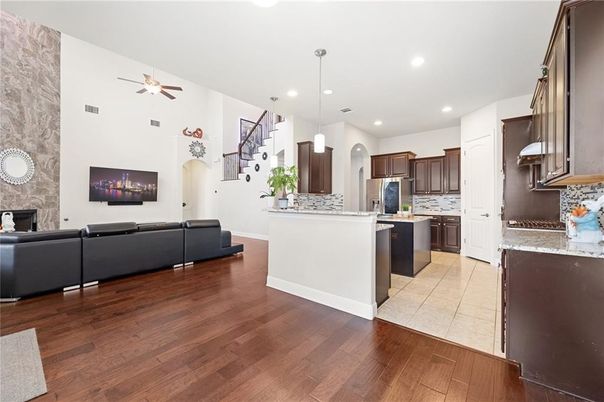 Interior, Kitchen, Living room, Pendant Lights, Recessed Lighting, Wood Texture Flooring
