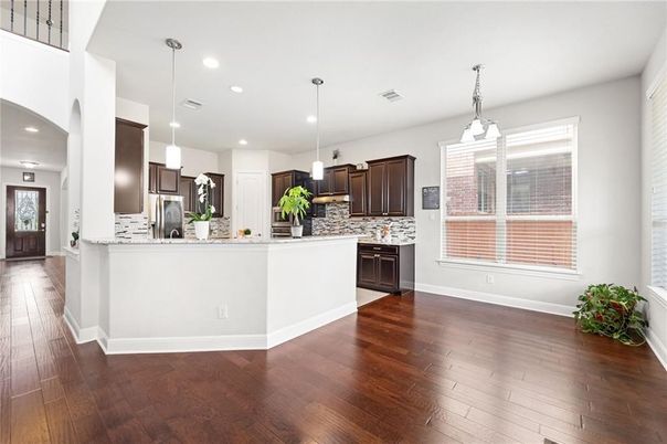 Interior, Kitchen, Pendant Lights, Recessed Lighting, Stainless Steel Appliances, Wood Texture Flooring