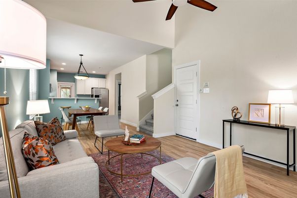 Dining room, Interior, Kitchen, Living room, Pendant Lights, Recessed Lighting, Stainless Steel Appliances, Wood Texture Flooring