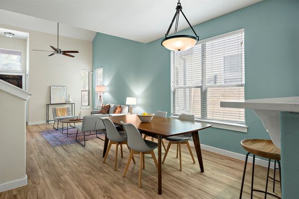 Dining room, Fireplace, Interior, Living room, Pendant Lights, Wood Texture Flooring