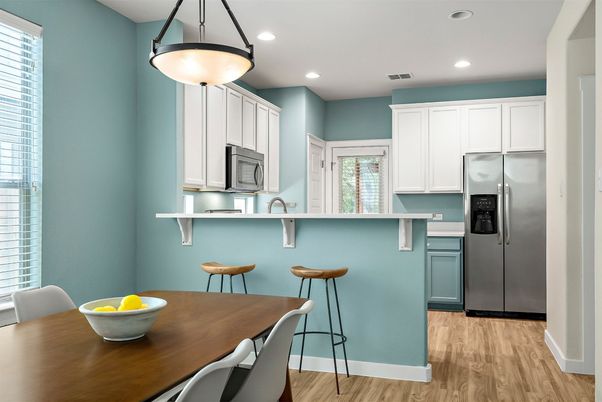 Dining room, Interior, Kitchen, Pendant Lights, Recessed Lighting, Wood Texture Flooring