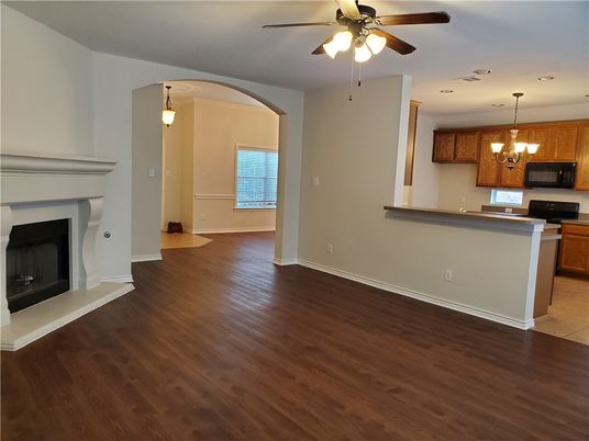 Fireplace, Interior, Kitchen, Pendant Lights, Wood Texture Flooring