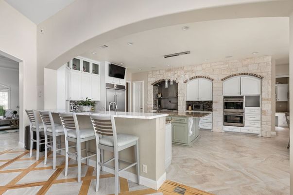Interior, Kitchen, Recessed Lighting, Stainless Steel Appliances, Stone Walls