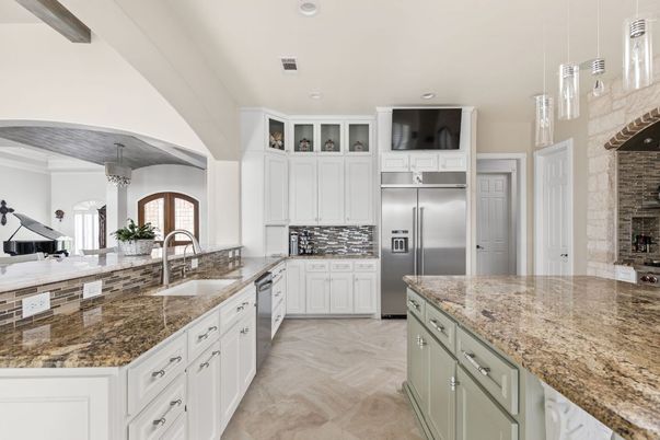 Interior, Kitchen, Pendant Lights, Recessed Lighting, Stainless Steel Appliances, Stone Walls, Wooden Beams