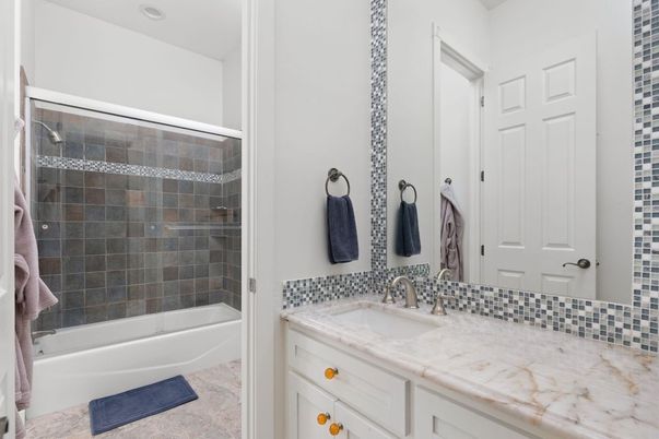 Bathroom, Glass Shower, Interior, Recessed Lighting, Tile Countertops