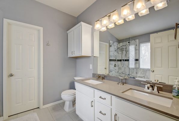 Bathroom, Dual Sink Vanities, Glass Shower, Interior, Marble Walls