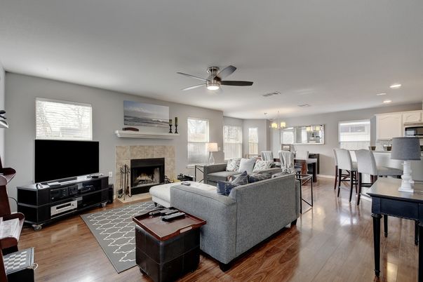 Dining room, Fireplace, Interior, Kitchen, Living room, Pendant Lights, Recessed Lighting, Wood Texture Flooring