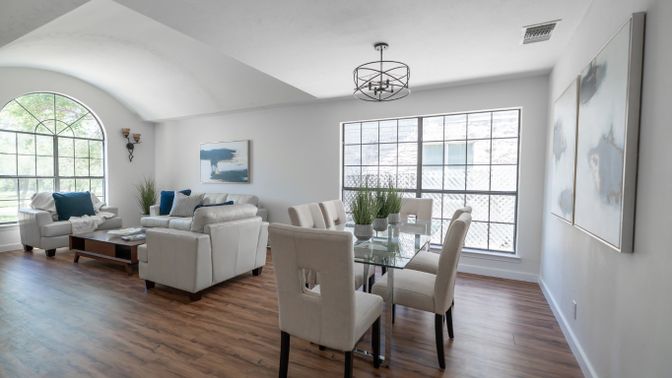 Dining room, Interior, Living room, Pendant Lights, Wood Texture Flooring