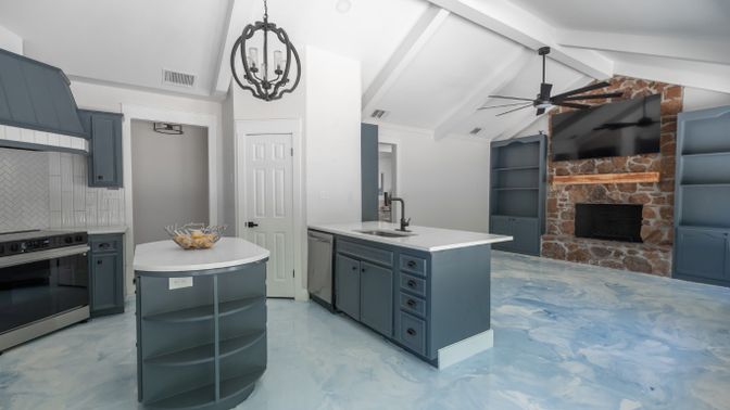 Fireplace, Interior, Kitchen, Pendant Lights, Stone Walls
