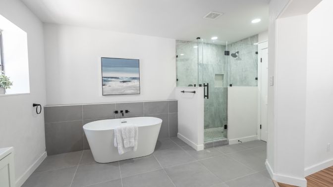 Bathroom, Free Standing Baths, Glass Shower, Interior, Marble Walls, Recessed Lighting