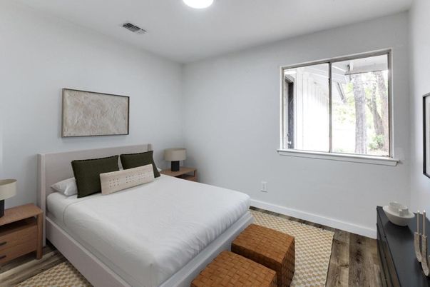 Bedroom, Interior, Recessed Lighting, Wood Texture Flooring