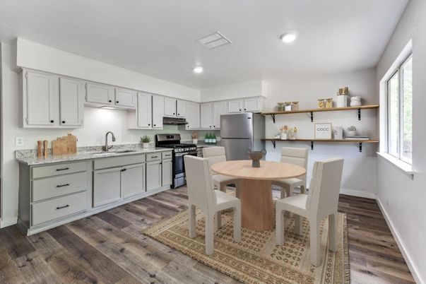 Dining room, Interior, Kitchen, Recessed Lighting, Stainless Steel Appliances, Wood Texture Flooring