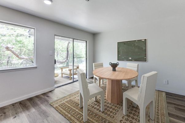 Dining room, Interior, Recessed Lighting, Wood Texture Flooring