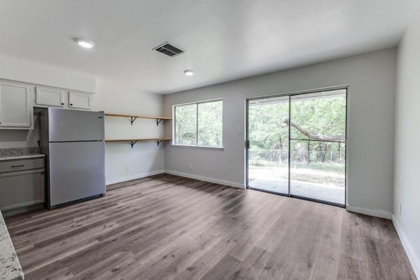 Empty room, Interior, Kitchen, Recessed Lighting, Wood Texture Flooring
