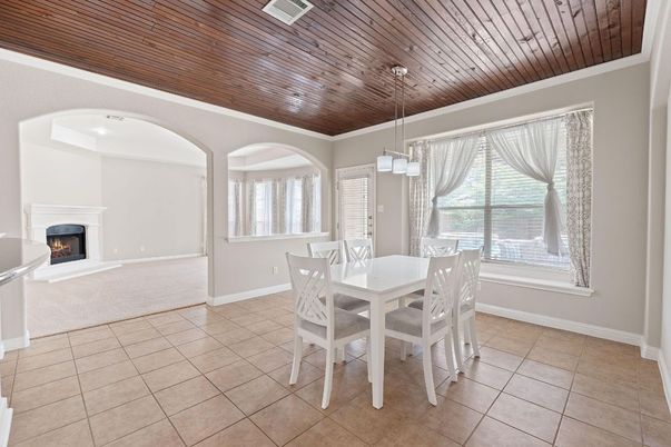 Dining room, Fireplace, Interior, Pendant Lights, Wooden Ceilings