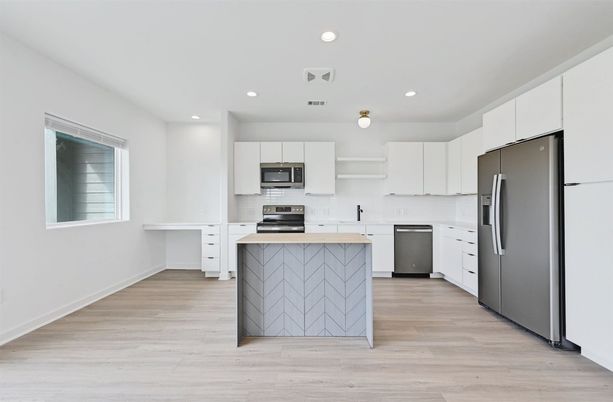 Interior, Kitchen, Recessed Lighting, Stainless Steel Appliances, Wood Texture Flooring