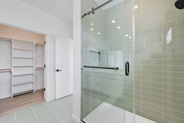 Bathroom, Glass Shower, Interior, Recessed Lighting, Walk-in Closets, Wood Texture Flooring