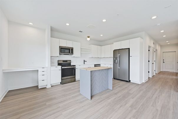 Interior, Kitchen, Recessed Lighting, Stainless Steel Appliances, Wood Texture Flooring
