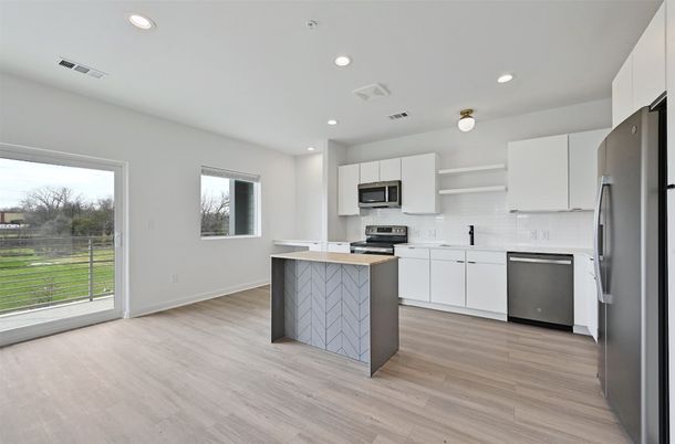 Interior, Kitchen, Recessed Lighting, Stainless Steel Appliances, Wood Texture Flooring