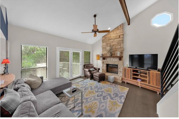 Fireplace, Interior, Living room, Stone Walls, Wooden Beams, Wood Texture Flooring