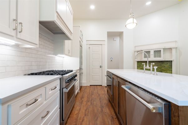 Interior, Kitchen, Pendant Lights, Recessed Lighting, Stainless Steel Appliances, Wood Texture Flooring