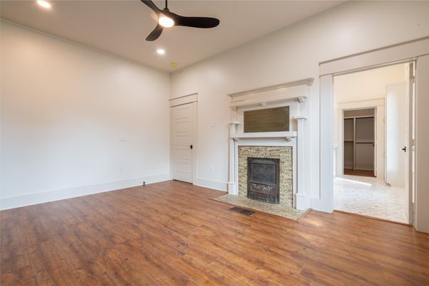 Empty room, Fireplace, Interior, Recessed Lighting, Wood Texture Flooring