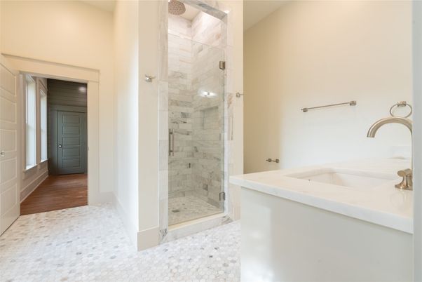 Bathroom, Glass Shower, Interior, Wood Texture Flooring