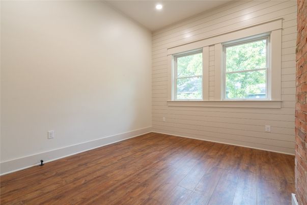 Empty room, Interior, Recessed Lighting, Stone Walls, Wood Texture Flooring