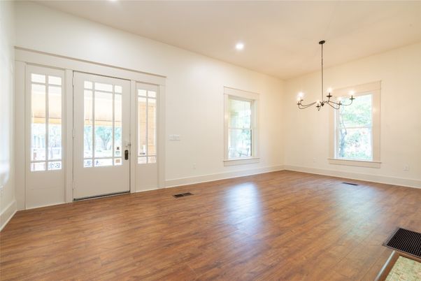 Empty room, Interior, Pendant Lights, Recessed Lighting, Wood Texture Flooring