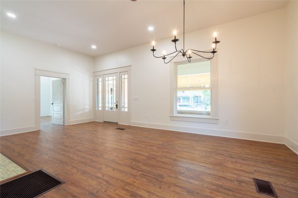 Chandelier, Empty room, Interior, Recessed Lighting, Wood Texture Flooring