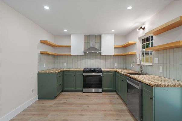 Interior, Kitchen, Recessed Lighting, Stainless Steel Appliances, Wood Texture Flooring