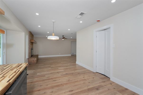 Empty room, Interior, Pendant Lights, Recessed Lighting, Wood Texture Flooring