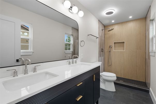 Bathroom, Dual Sink Vanities, Glass Shower, Interior, Recessed Lighting