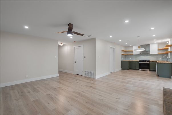 Empty room, Interior, Kitchen, Pendant Lights, Recessed Lighting, Wood Texture Flooring
