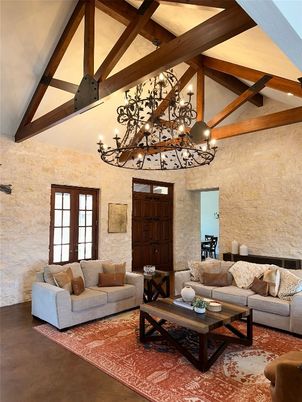 Chandelier, Interior, Living room, Stone Walls, Wooden Beams