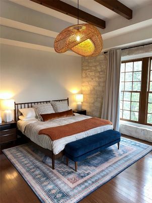 Bedroom, Interior, Pendant Lights, Wooden Beams, Wood Texture Flooring