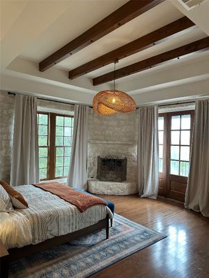 Bedroom, Fireplace, Interior, Pendant Lights, Wooden Beams, Wood Texture Flooring