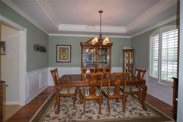 Chandelier, Dining room, Interior, Wood Texture Flooring