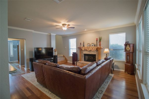 Fireplace, Interior, Living room, Recessed Lighting, Wood Texture Flooring